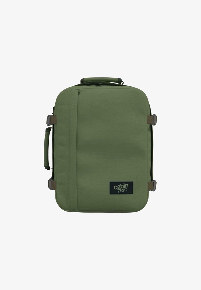 Vihreä suorakaiteen muotoinen matkakassi, joka on lentokoneen matkustamon kokoinen, kahvoilla ylhäällä ja sivulla, neljä harmaata solkihihnaa ja "cabin zero" -logolla varustettu merkki edessä.