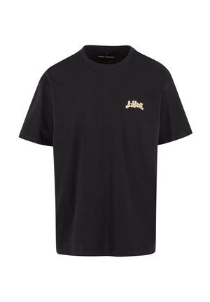 Black short-sleeve t-shirt made of cotton. Features a small beige logo on the left chest area and a classic crew neck design.