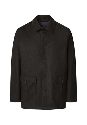 Veste en laine marron foncé avec un col, fermeture à boutons à l'avant et deux poches plaquées à l'avant avec rabats à boutons. Texture en chevron.