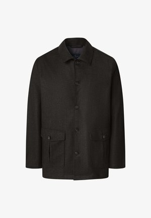 Dunkelbraune Wolljacke mit Kragen, vorderem Knopfverschluss und zwei vorderen aufgesetzten Taschen mit Knopfklappen. Fischgrätmuster.