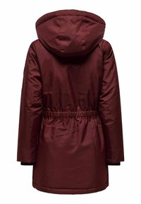 Parka à capuche bordeaux avec taille élastique, manches longues et une texture lisse et brillante. Présente une taille resserrée pour une silhouette ajustée.