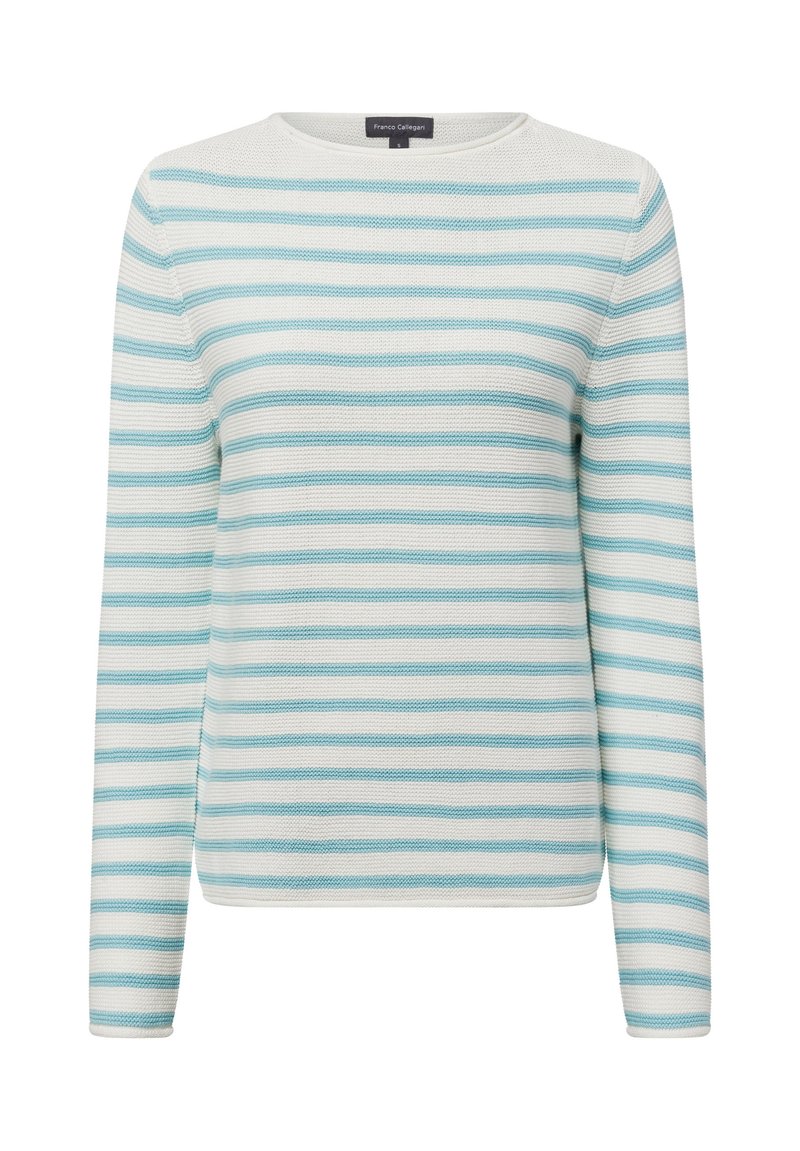 Gestreepte lange mouwen trui in wit en lichtblauwe tinten, met een ronde halslijn en een gestructureerde brei-stof met horizontale strepen.
