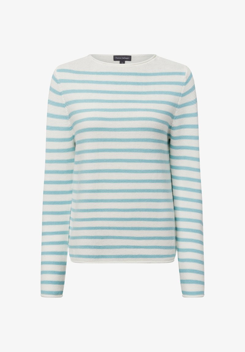 Gestreepte lange mouwen trui in wit en lichtblauwe tinten, met een ronde halslijn en een gestructureerde brei-stof met horizontale strepen.