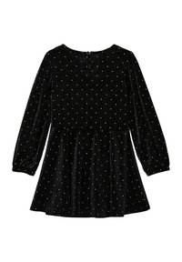 Schwarzes Samtkleid mit langen Puffärmeln, verstreuten weißen Polka-Dots, Rundhalsausschnitt und Knopfverschluss auf der Rückseite. Ausgestellter Rock.