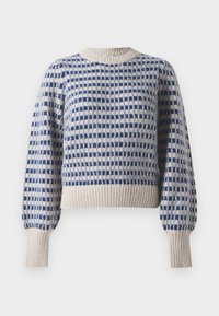 Gestrickter Pullover mit einem Karomuster in Blau und Creme, mit gerippten Bündchen und Saum. Weiches, strukturiertes Material, Rundhalsausschnitt.
