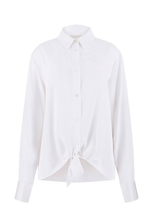 Weißes langärmliges Hemd mit Knopfleiste, Kragen und vorderem Knoten am Saum.