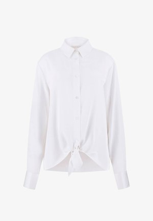 Witte blouse met lange mouwen, knoopsluiting, kraag en een knoopdetail aan de zoom voor.
