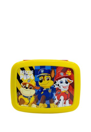 Boîte à lunch jaune avec des chiens de dessin animé sur le couvercle et le texte "CHIENS DE SAUVETAGE". Le design comprend des motifs bleus, rouges et noirs. Plastique durable.