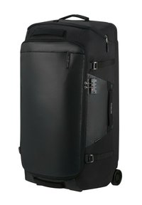 Black wheeled travel bag with a textured front panel, two side handles, zipper closure, and combination lock on the side.