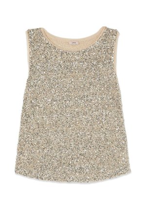 Ärmelloses beiges Oberteil, vollständig bedeckt mit dicht aneinandergereihten silbernen Pailletten, mit rundem Ausschnitt und weicher Stofffütterung.