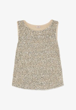 Top beige sin mangas completamente cubierto con lentejuelas plateadas densamente empaquetadas, con un escote redondo y forro de tela suave.