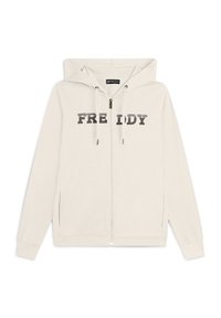 Felpa leggera beige con zip e cappuccio, caratterizzata dalla scritta "FREDDY" in caratteri stampati in grassetto sul petto. Realizzata in tessuto morbido con tasche laterali.