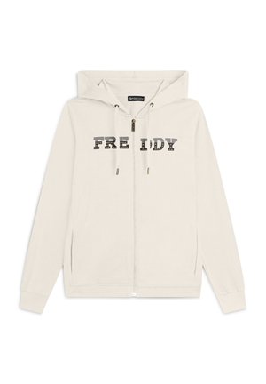 Felpa leggera beige con zip e cappuccio, caratterizzata dalla scritta "FREDDY" in caratteri stampati in grassetto sul petto. Realizzata in tessuto morbido con tasche laterali.