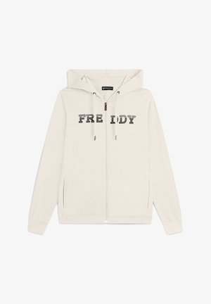 Felpa leggera beige con zip e cappuccio, caratterizzata dalla scritta "FREDDY" in caratteri stampati in grassetto sul petto. Realizzata in tessuto morbido con tasche laterali.