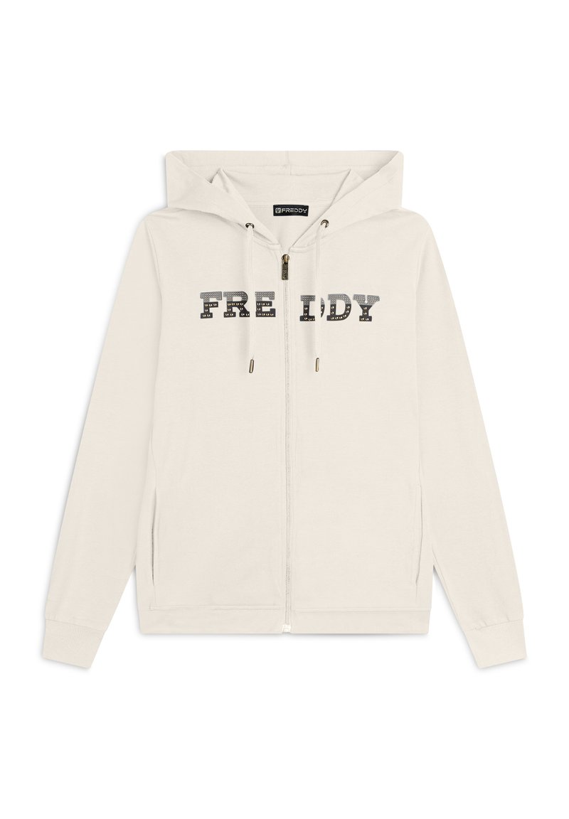 Felpa leggera beige con zip e cappuccio, caratterizzata dalla scritta "FREDDY" in caratteri stampati in grassetto sul petto. Realizzata in tessuto morbido con tasche laterali.