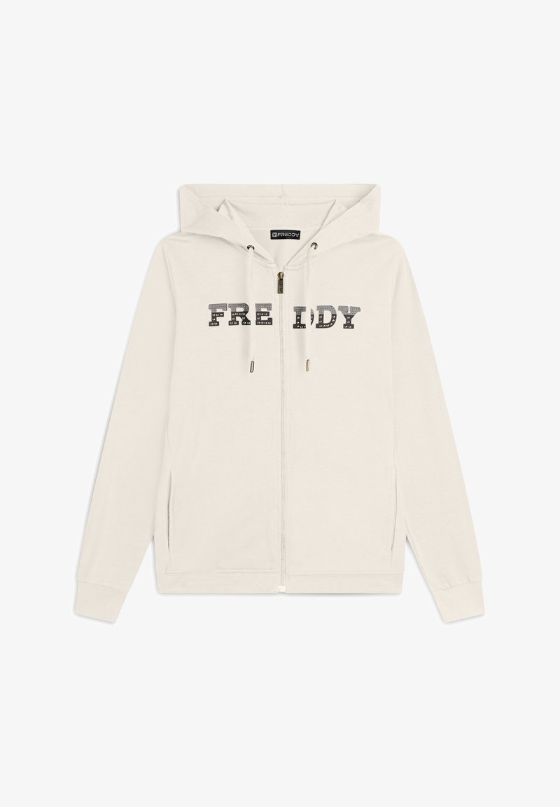 Felpa leggera beige con zip e cappuccio, caratterizzata dalla scritta "FREDDY" in caratteri stampati in grassetto sul petto. Realizzata in tessuto morbido con tasche laterali.