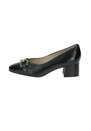 Black leather high heel pump with a pointed toe, featuring a metallic accent and a block heel. Smooth texture with a glossy finish.