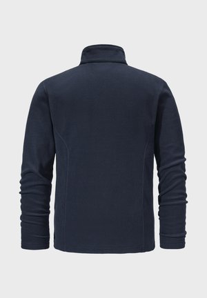 Marineblaue Fleecejacke mit hohem Kragen, langen Ärmeln und einer glatten Textur. Verfügt über Seitennähte und ein einfaches, elegantes Design.