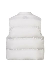 Chaleco tipo puffer blanco con costuras horizontales, cuello redondeado y sin mangas. El texto en la parte superior de la espalda incluye una marca de eco-amigable.
