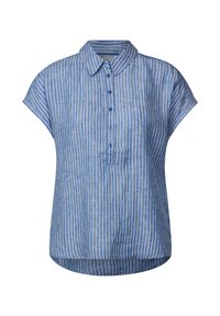 Gestreiftes Kurzarmhemd in Blau und Weiß mit einem kragenlosen Ausschnitt, Knopfleiste und abgerundetem Saum, aus leichtem Stoff.