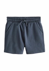 Pantaloncini di cotone blu scuro con vita elasticizzata e coulisse, dotati di tasche laterali e una texture liscia.