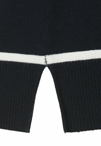 Navy knitted garment with a ribbed texture, featuring a white horizontal stripe and a split hem at the bottom.