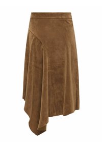 Jupe midi asymétrique en daim marron avec panneau incurvé et détail d’ourlet drapé.