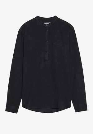Mustmustard pikkade varrukatega särk denimpinnaga, millel on ümmargune krae, nööbiplakk ja ees rinna tasku. Kumer äär.