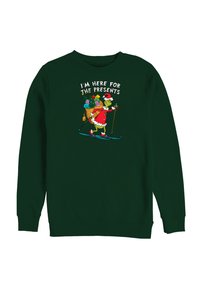 Felpa verde scuro con grafica di un personaggio in costume da Babbo Natale che scia con regali e un albero, testo recita "SONO QUI PER I REGALI."