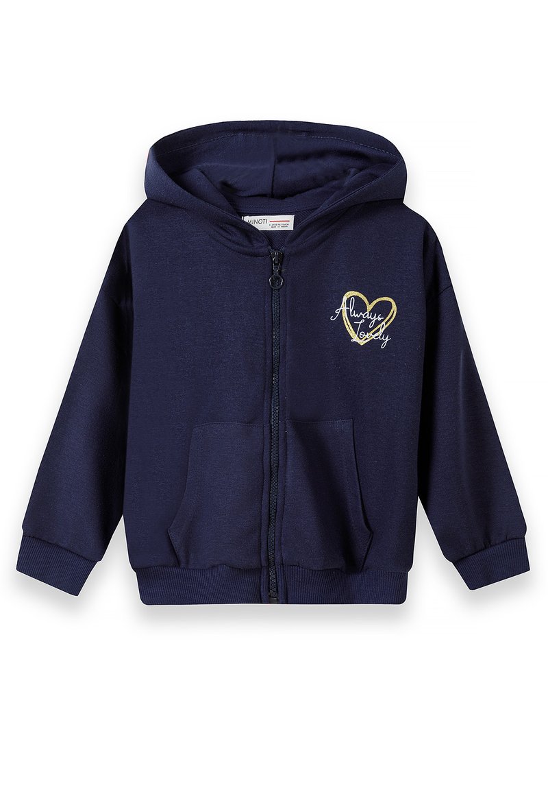 Sudadera con cremallera de color azul marino, hecha de una tela suave, que cuenta con un bolsillo frontal y un gráfico de corazón dorado con el texto "Siempre Encantadora" en el pecho.