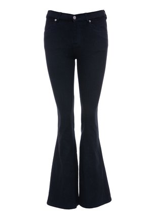 Flared dark blue jeans made of denim, featuring a high waist, five-pocket design, and button closure with silver rivets.