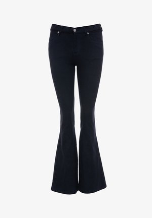 Udstoppede mørkeblå jeans lavet af denim, med høj talje, fem-lomme design og knaplukning med sølv nitter.