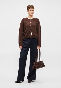 Καφέ πλεκτή κάρντιγκαν με κουμπιά, συνδυασμένη με ναυτικά ριγέ παντελόνια φαρδιάς γραμμής. Συνοδευμένη με μια μικρή σκούρα καφέ τσάντα. Τα παπούτσια είναι μυτερά.