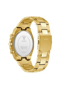 Montre-bracelet en acier inoxydable doré avec un bracelet large, un boîtier rond et des fonctions de chronographe. Étanche jusqu'à 50 mètres. Fond en verre plat.