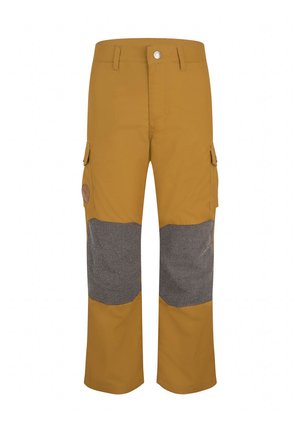Mustard yellow work pants with reinforced gray knee patches and side cargo pockets, featuring a front button and belt loops.
