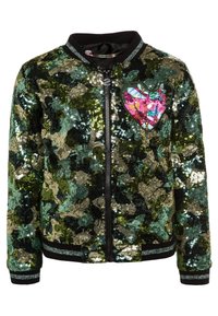 Kurtka bomber z cekinami, zdobiona kamuflażowym wzorem w odcieniach zieleni i złota. Czarne ściągacze przy mankietach oraz naszywka w kształcie serca dodają uroku. Zamek błyskawiczny.