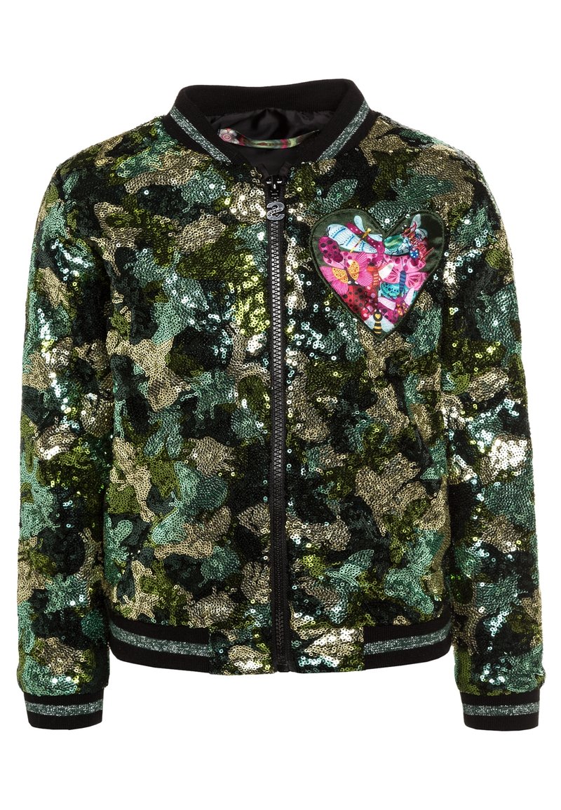 Kurtka bomber z cekinami, zdobiona kamuflażowym wzorem w odcieniach zieleni i złota. Czarne ściągacze przy mankietach oraz naszywka w kształcie serca dodają uroku. Zamek błyskawiczny.