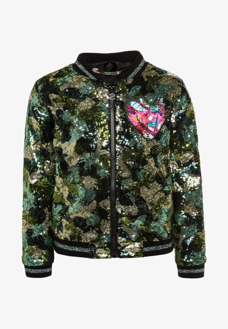 Kurtka bomber z cekinami, zdobiona kamuflażowym wzorem w odcieniach zieleni i złota. Czarne ściągacze przy mankietach oraz naszywka w kształcie serca dodają uroku. Zamek błyskawiczny.