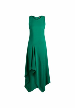Robe verte sans manches avec décolleté en V, ourlet asymétrique et design en couches. Fabriquée en tissu lisse avec une coupe épurée et minimaliste.