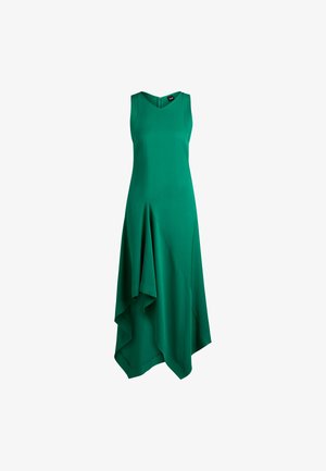 Robe verte sans manches avec décolleté en V, ourlet asymétrique et design en couches. Fabriquée en tissu lisse avec une coupe épurée et minimaliste.