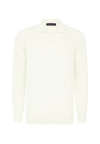 Weißer, langärmeliger Polo-Pullover aus Strickstoff mit einem Notch-Kragen und gerippten Bündchen. Schlichtes, sauberes Design ohne Muster.