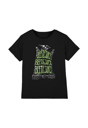 Black T-shirt with green text "BEETLEJUICE" repeated thrice on a tombstone design, topped with skeletal figures and bats.