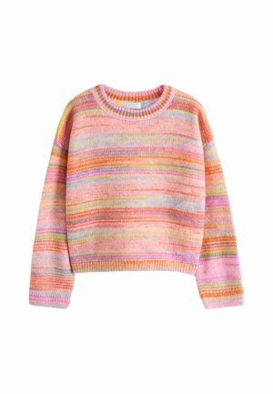 Sweter z dzianiny z długim rękawem, z poziomymi pastelowymi paskami w kolorze różowym, pomarańczowym, żółtym i niebieskim, z okrągłym dekoltem.