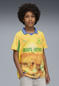 Camiseta de fútbol amarilla con acentos azules y mangas verdes. El diseño incluye una ilustración de un atardecer con el texto "UBUNTU-BOTHO".