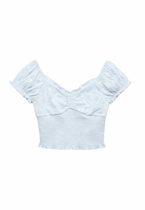 Blusa cropped azzurro chiaro con maniche corte a sbuffo, davanti arricciato, ricamo floreale a occhielli e vita arricciata con orlo arricciato.