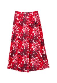 Gonna maxi rossa con motivi floreali. Realizzata in tessuto leggero, presenta un design plissettato e una vita elasticizzata per il massimo comfort.