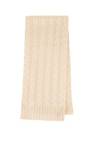 Écharpe en tricot torsadé crème, présentant un motif texturé et des extrémités côtelées. Matière douce avec une petite étiquette logo sur le bord inférieur.