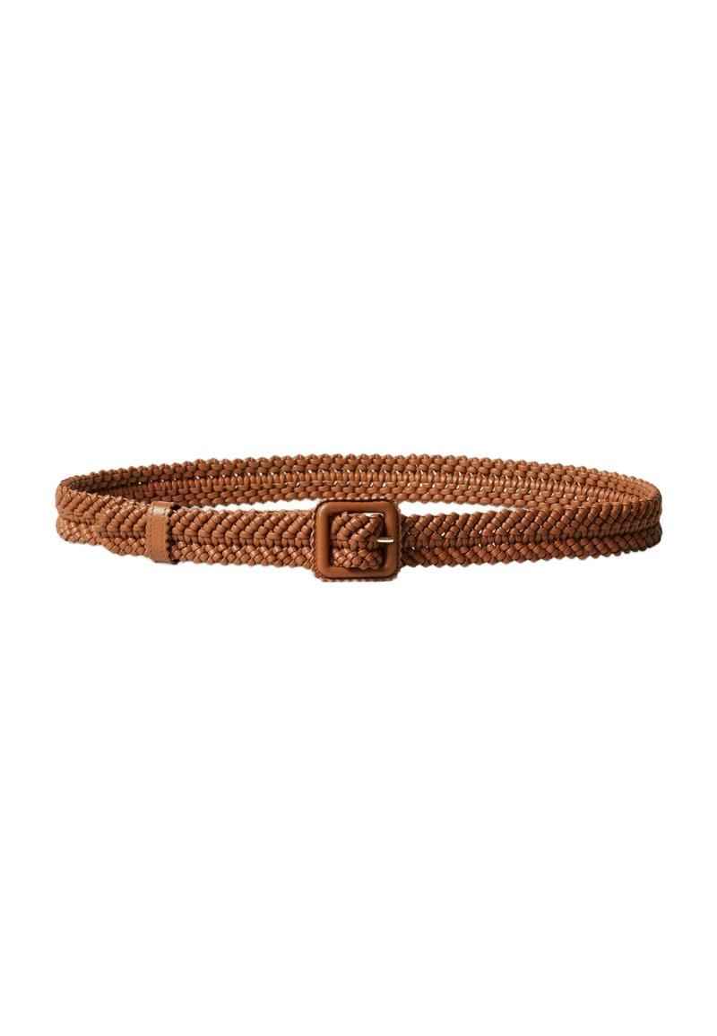 Cintura intrecciata di un caldo colore marrone, con un fibbia quadrata in pelle e un design intrecciato a trama, con una finitura liscia sui bordi.
