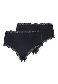 Mutande nere con pizzo, caratterizzate da un corpo in microfibra liscio e bordi scallop. Mostrate in due pezzi, con un design senza cuciture e materiale elasticizzato.