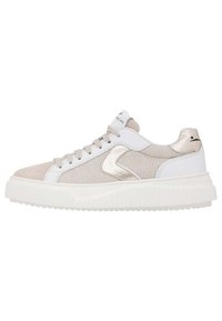 White and beige athletic sneakers with a textured mesh design, smooth leather accents, round laces, and a thick, ridged sole.